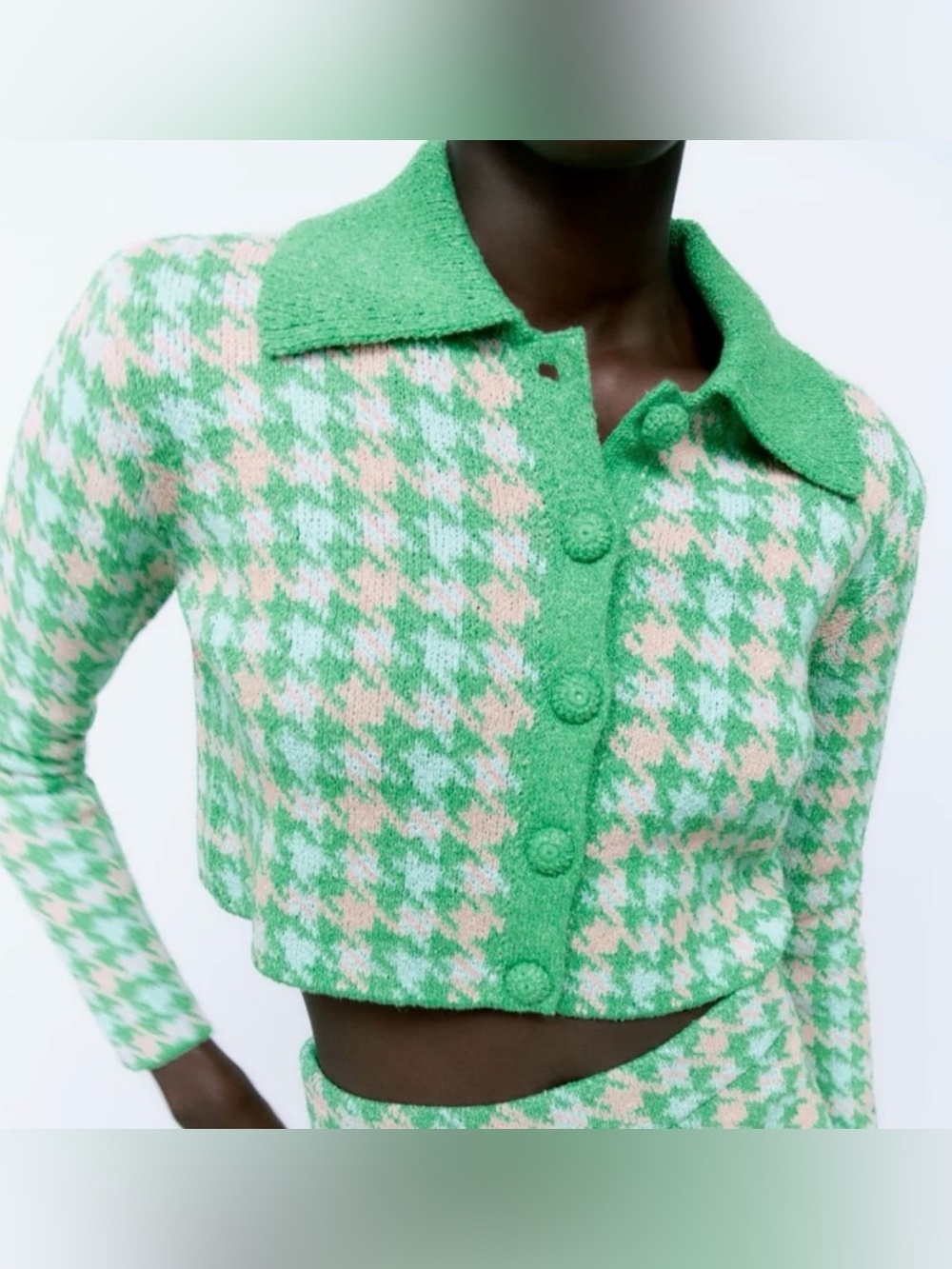 Zara Houndstooth Knit Polo Cardigan Green Pink Blue Cropped Size XL